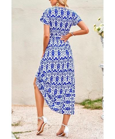 Women Boho Summer Side Split Deep V Neck Short Sleeves Maxi Dress with Belt Print Blue $17.84 Dresses