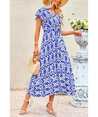 Women Boho Summer Side Split Deep V Neck Short Sleeves Maxi Dress with Belt Print Blue $17.84 Dresses