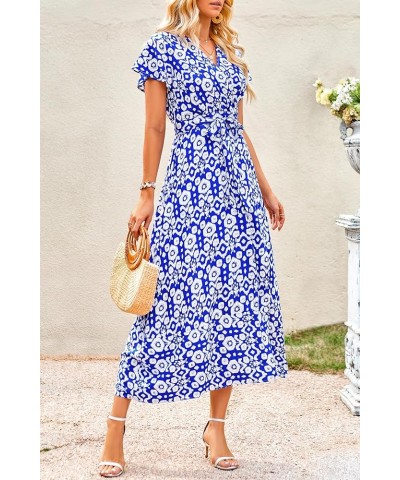 Women Boho Summer Side Split Deep V Neck Short Sleeves Maxi Dress with Belt Print Blue $17.84 Dresses