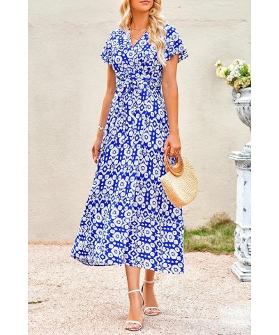 Women Boho Summer Side Split Deep V Neck Short Sleeves Maxi Dress with Belt Print Blue $17.84 Dresses