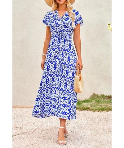 Women Boho Summer Side Split Deep V Neck Short Sleeves Maxi Dress with Belt Print Blue $17.84 Dresses