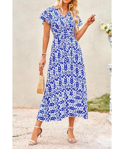 Women Boho Summer Side Split Deep V Neck Short Sleeves Maxi Dress with Belt Print Blue $17.84 Dresses