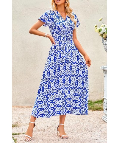 Women Boho Summer Side Split Deep V Neck Short Sleeves Maxi Dress with Belt Print Blue $17.84 Dresses