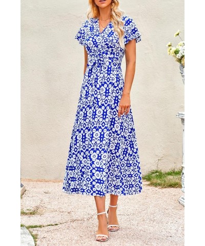 Women Boho Summer Side Split Deep V Neck Short Sleeves Maxi Dress with Belt Print Blue $17.84 Dresses