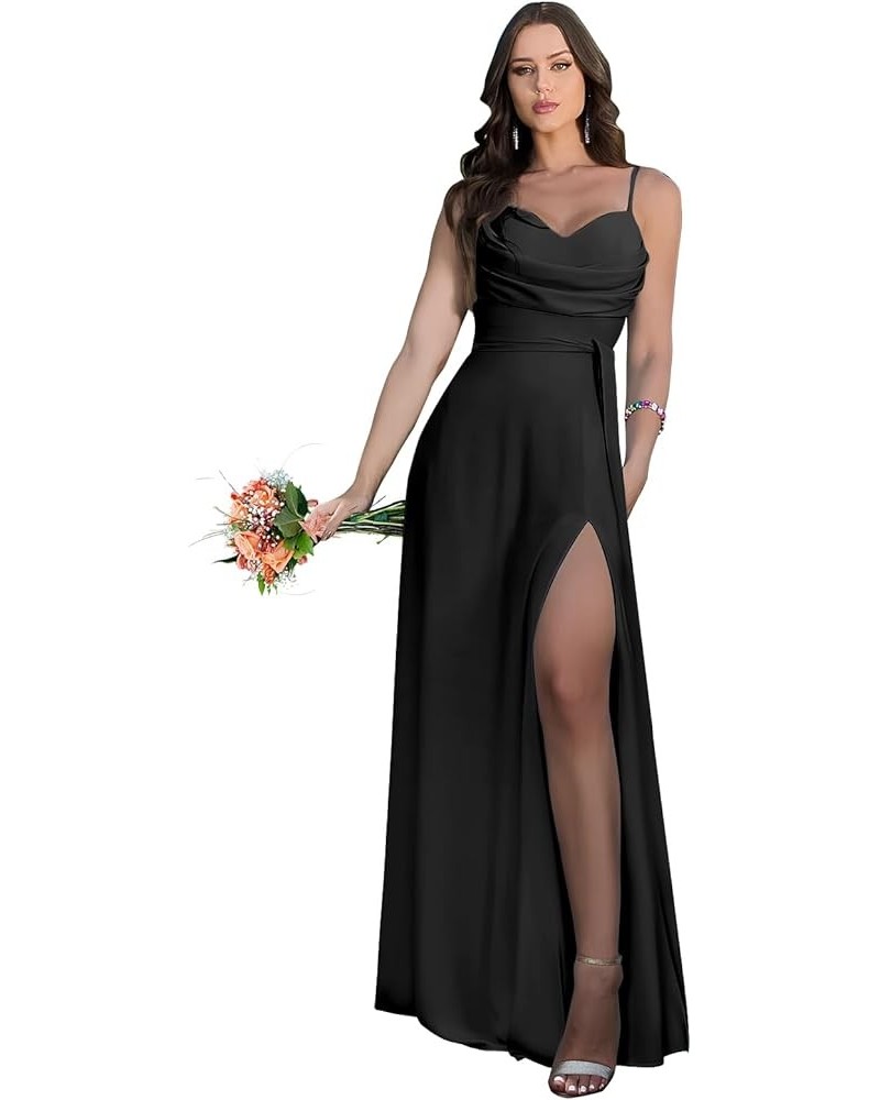 Women's Spaghetti Strap Bridesmaid Dresses Long with Slit Cowl Neck A Line Chiffon Formal Prom Gowns Black $26.94 Dresses