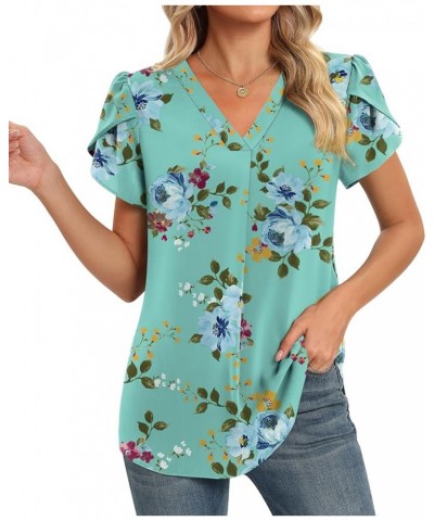 Womens Summer Dressy Chiffon Blouses V Neck Ruffle Short Sleeve Casual Tunic Tops V-mint Green $12.90 Tops