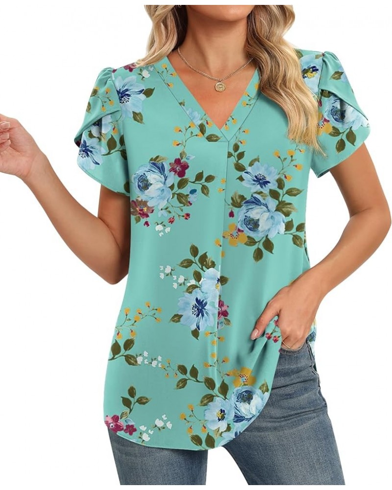 Womens Summer Dressy Chiffon Blouses V Neck Ruffle Short Sleeve Casual Tunic Tops V-mint Green $12.90 Tops