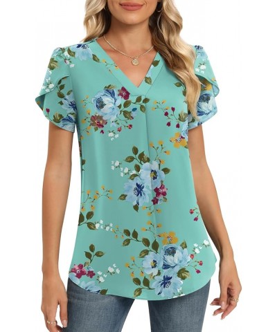 Womens Summer Dressy Chiffon Blouses V Neck Ruffle Short Sleeve Casual Tunic Tops V-mint Green $12.90 Tops