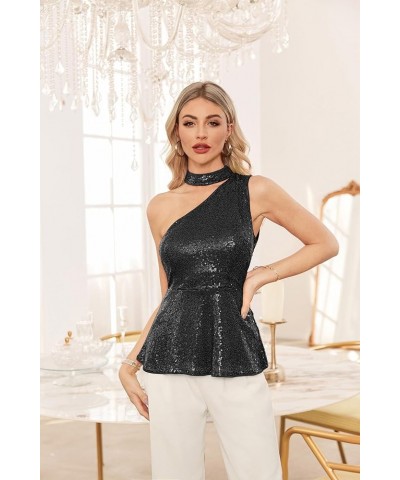 Women's Sparkly Sequin Tops Sleeveless Slim Fit Glitter Cocktail Blouse Sparkle One Shoulder Club Party Shirts Black $13.24 B...