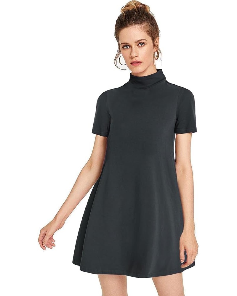 Women's Casual Mock Neck T Shirt Dress Plain Short Sleeve Loose Swing Dress Grey $17.28 Dresses