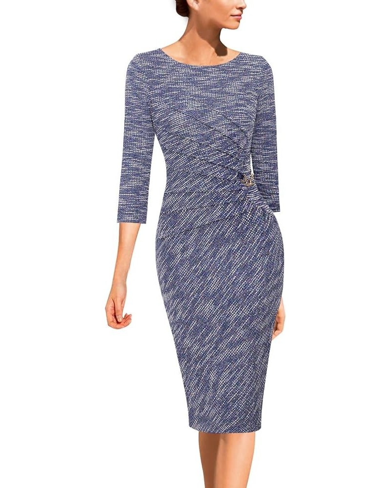 Womens Elegant Ruched Work Business Office Cocktail Party Bodycon Pencil Dress Blue Yarn-dye Fabric $19.27 Dresses