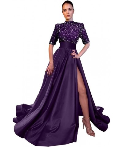 Satin Sequins Glitter Prom Dresses Slit High-Neck Ball Gown A Line Formal Evening Party Gowns for Women Plum $36.75 Dresses