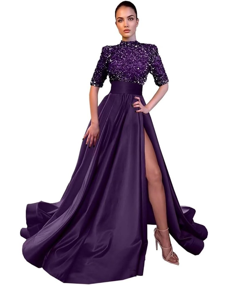 Satin Sequins Glitter Prom Dresses Slit High-Neck Ball Gown A Line Formal Evening Party Gowns for Women Plum $36.75 Dresses