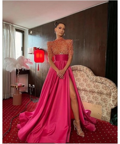 Satin Sequins Glitter Prom Dresses Slit High-Neck Ball Gown A Line Formal Evening Party Gowns for Women Plum $36.75 Dresses