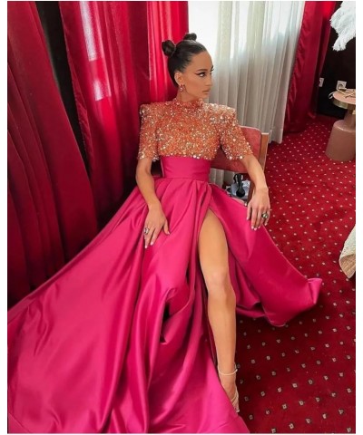 Satin Sequins Glitter Prom Dresses Slit High-Neck Ball Gown A Line Formal Evening Party Gowns for Women Plum $36.75 Dresses