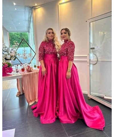 Satin Sequins Glitter Prom Dresses Slit High-Neck Ball Gown A Line Formal Evening Party Gowns for Women Plum $36.75 Dresses