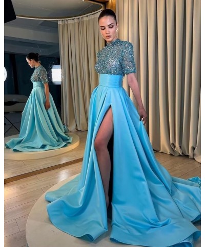 Satin Sequins Glitter Prom Dresses Slit High-Neck Ball Gown A Line Formal Evening Party Gowns for Women Plum $36.75 Dresses