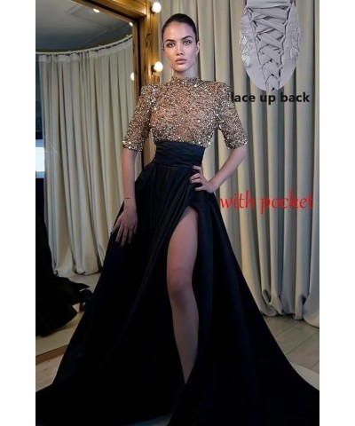 Satin Sequins Glitter Prom Dresses Slit High-Neck Ball Gown A Line Formal Evening Party Gowns for Women Plum $36.75 Dresses