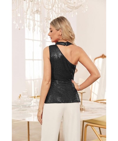 Women's Sparkly Sequin Tops Sleeveless Slim Fit Glitter Cocktail Blouse Sparkle One Shoulder Club Party Shirts Black $13.24 B...