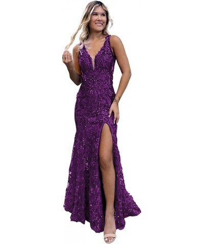 Sparkly Sequin Mermaid Prom Dresses for Women 2024 Glitter Lace Backless Long Formal Evening Gown with Slit A-plum $34.44 Dre...