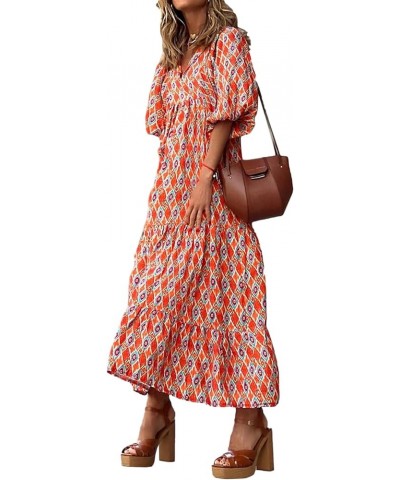 Women's Sexy Boho Maxi Dress Summer Floral Print Puff Long Sleeve Flowy Ruffle Midi Long Dress Bohemian Sundress Flame Geomet...