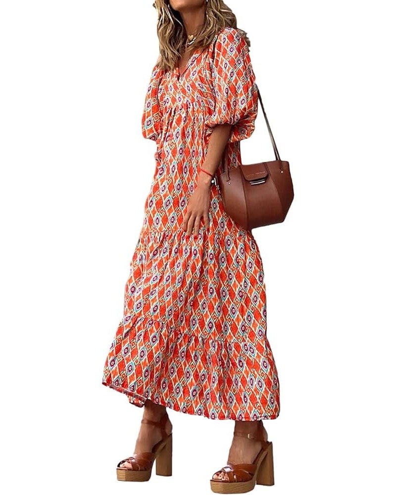 Women's Sexy Boho Maxi Dress Summer Floral Print Puff Long Sleeve Flowy Ruffle Midi Long Dress Bohemian Sundress Flame Geomet...