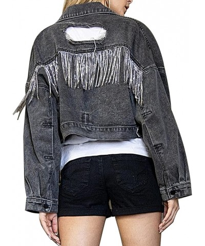 Womens Denim Jacket with Fringe Rhinestones Long Sleeve Distressed Ripped Denim Jackets with Pockets Black $14.00 Jackets