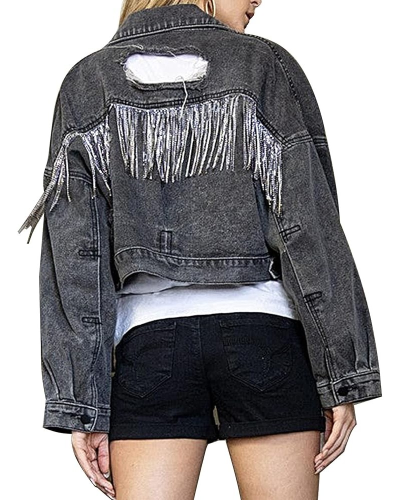 Womens Denim Jacket with Fringe Rhinestones Long Sleeve Distressed Ripped Denim Jackets with Pockets Black $14.00 Jackets