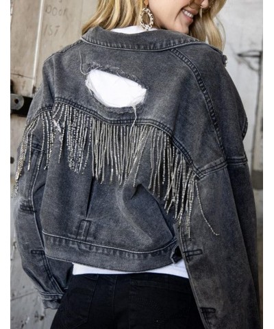 Womens Denim Jacket with Fringe Rhinestones Long Sleeve Distressed Ripped Denim Jackets with Pockets Black $14.00 Jackets