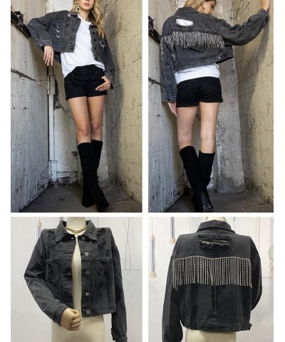 Womens Denim Jacket with Fringe Rhinestones Long Sleeve Distressed Ripped Denim Jackets with Pockets Black $14.00 Jackets