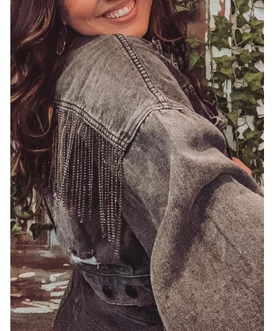 Womens Denim Jacket with Fringe Rhinestones Long Sleeve Distressed Ripped Denim Jackets with Pockets Black $14.00 Jackets