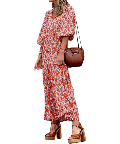 Women's Sexy Boho Maxi Dress Summer Floral Print Puff Long Sleeve Flowy Ruffle Midi Long Dress Bohemian Sundress Flame Geomet...