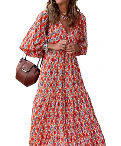 Women's Sexy Boho Maxi Dress Summer Floral Print Puff Long Sleeve Flowy Ruffle Midi Long Dress Bohemian Sundress Flame Geomet...