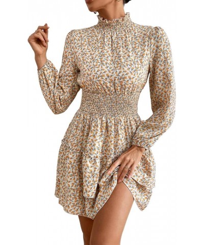 Women Ruffle Mock Neck Chiffon Floral Print Tiered Layer Puff Long Sleeve A Line Flowy Swing Dress Apricot $14.24 Dresses