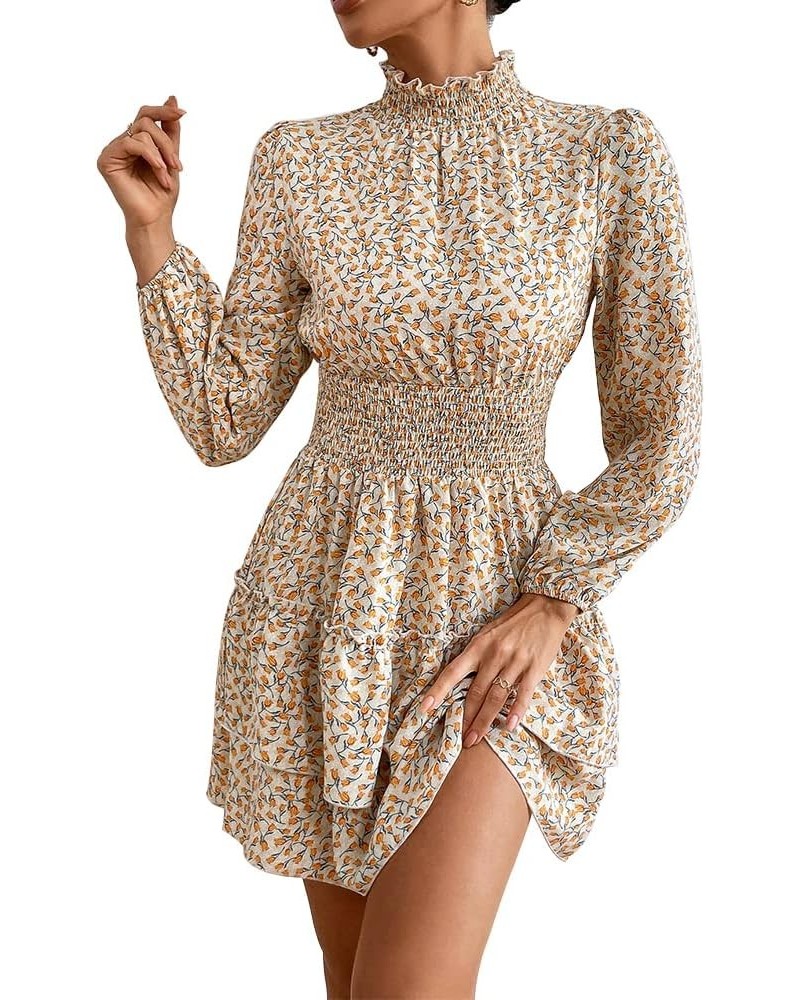 Women Ruffle Mock Neck Chiffon Floral Print Tiered Layer Puff Long Sleeve A Line Flowy Swing Dress Apricot $14.24 Dresses