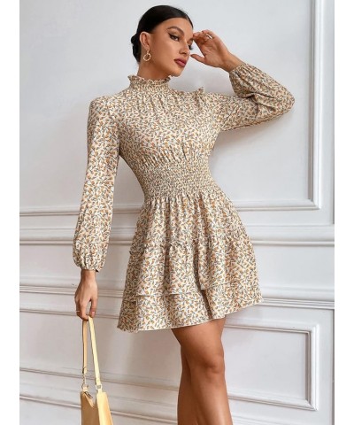 Women Ruffle Mock Neck Chiffon Floral Print Tiered Layer Puff Long Sleeve A Line Flowy Swing Dress Apricot $14.24 Dresses