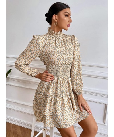 Women Ruffle Mock Neck Chiffon Floral Print Tiered Layer Puff Long Sleeve A Line Flowy Swing Dress Apricot $14.24 Dresses