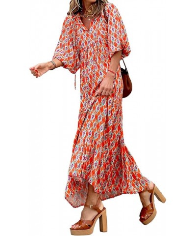 Women's Sexy Boho Maxi Dress Summer Floral Print Puff Long Sleeve Flowy Ruffle Midi Long Dress Bohemian Sundress Flame Geomet...