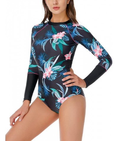 Women's One Piece Long Sleeve Rash Guard UV Sun Protection Swimsuit Quick Dry Printed Surfing Bathing Suit Swimwear Black Flo...