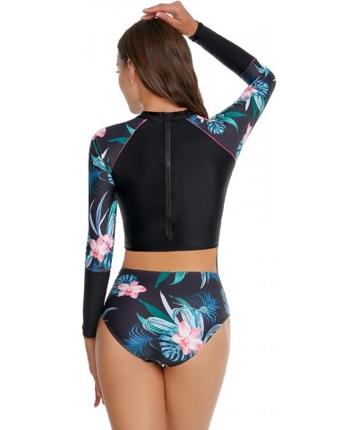 Women's One Piece Long Sleeve Rash Guard UV Sun Protection Swimsuit Quick Dry Printed Surfing Bathing Suit Swimwear Black Flo...