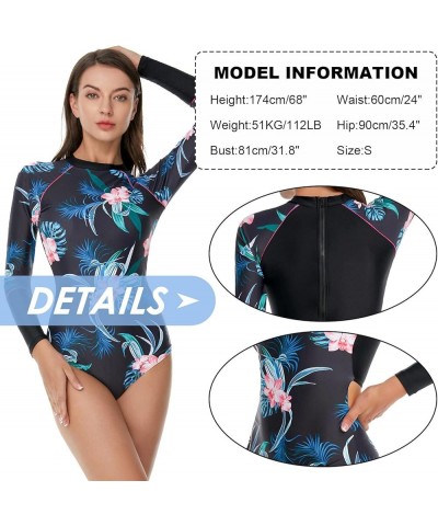 Women's One Piece Long Sleeve Rash Guard UV Sun Protection Swimsuit Quick Dry Printed Surfing Bathing Suit Swimwear Black Flo...