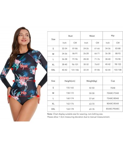 Women's One Piece Long Sleeve Rash Guard UV Sun Protection Swimsuit Quick Dry Printed Surfing Bathing Suit Swimwear Black Flo...