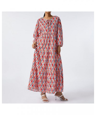 Women's Sexy Boho Maxi Dress Summer Floral Print Puff Long Sleeve Flowy Ruffle Midi Long Dress Bohemian Sundress Flame Geomet...