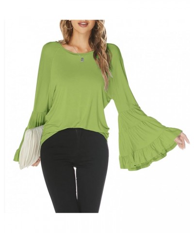 Women Casual Long Bell Sleeve Tops Loose Round Neck T Shirt Flare Sleeve Shirt Tops Grass Green $15.64 Blouses