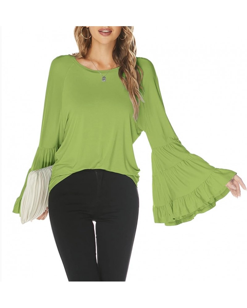 Women Casual Long Bell Sleeve Tops Loose Round Neck T Shirt Flare Sleeve Shirt Tops Grass Green $15.64 Blouses