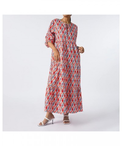 Women's Sexy Boho Maxi Dress Summer Floral Print Puff Long Sleeve Flowy Ruffle Midi Long Dress Bohemian Sundress Flame Geomet...