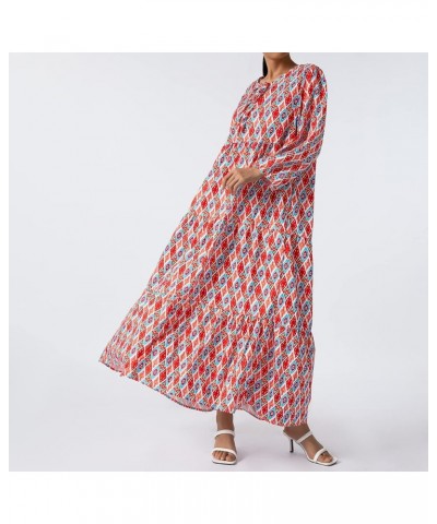 Women's Sexy Boho Maxi Dress Summer Floral Print Puff Long Sleeve Flowy Ruffle Midi Long Dress Bohemian Sundress Flame Geomet...