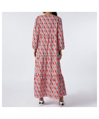 Women's Sexy Boho Maxi Dress Summer Floral Print Puff Long Sleeve Flowy Ruffle Midi Long Dress Bohemian Sundress Flame Geomet...