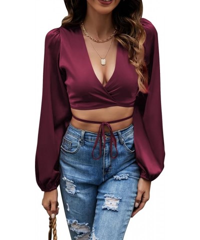 Women's Satin Wrap V Neck Criss Cross Tie Long Sleeve Crop Blouse Top Purplish Red $16.17 Blouses