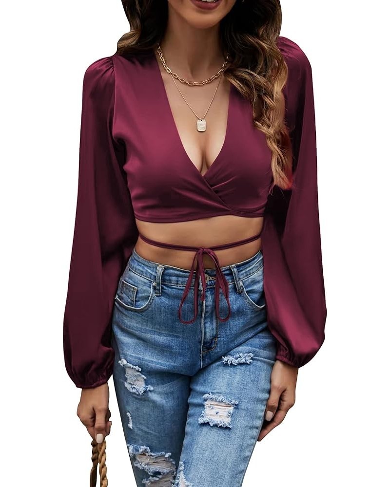 Women's Satin Wrap V Neck Criss Cross Tie Long Sleeve Crop Blouse Top Purplish Red $16.17 Blouses